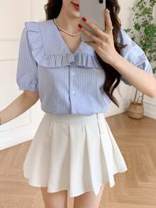 DAZY Áo sơ mi nữ tay lỡ xếp nếp sọc - Màu xanh lam - Xem 6