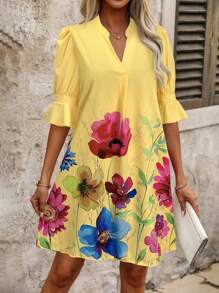 SHEIN Clasi Floral Print Puff Sleeve Cut-Out Neck Casual Vacation Dress,Summer Dresses
Spring Clothes