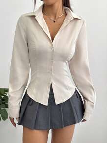 SHEIN Unity Women's Casual Versatile Solid Color Cinched Waist Shirt Fall Cloth For Women - Apricot - View 6