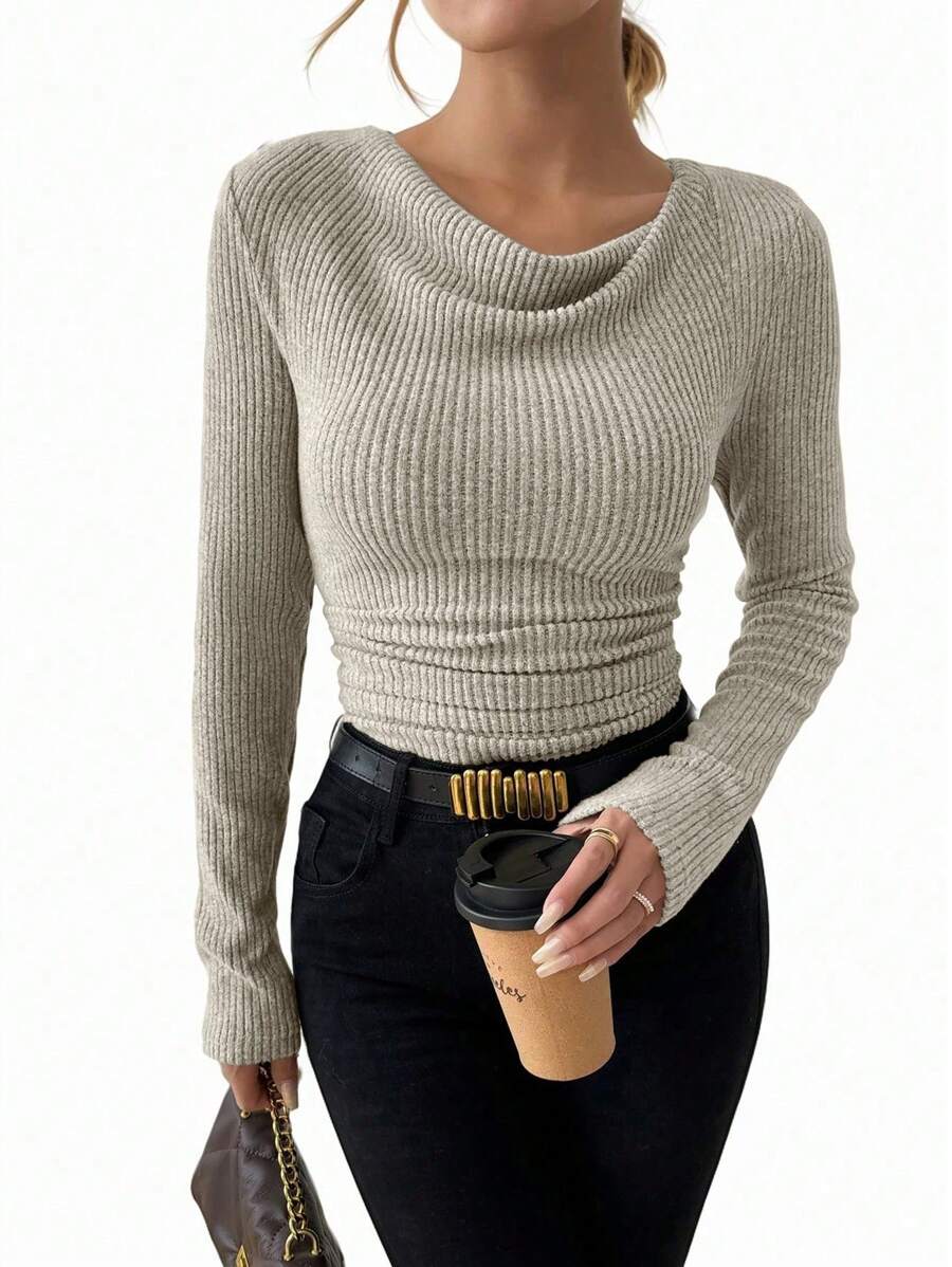 Rafferiza Vintage Asymmetrical Small Jagged Collar Peeled Texture Ruched Fitted Long Sleeve T-Shirt - Light Grey - View 1