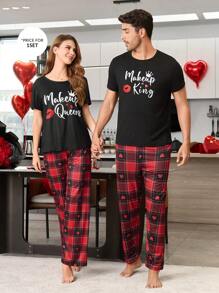 CoupledUp Letter, Lip Print Short Sleeve Top And Heart Plaid Print Pants Couple Casual Loungewear Set For Men - Black - View 6