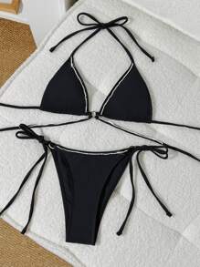 SHEIN Swim Women's Springbreak Bikini Set, Halter Neck Tie Swimsuit With Circular Rhinestone Chain, Sexy Open Back, Casual & Elegant For Holiday Swimming - Black - View 5