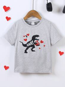 SHEIN Young Boy Heart & Dinosaur Print Round Neck Casual Short Sleeve T-Shirt - Grey - View 8