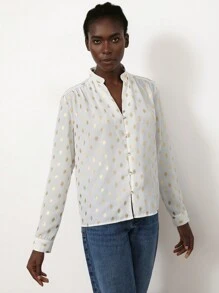 Aveloria Modichic Intellectual Chic Commuter Elegant Small Stand Collar V-Neck Front Pleated Gold Foil Dotted Sheer Chiffon Long Sleeve Blouse