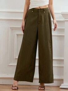 SHEIN Unity Flattered Pleated Design Straight-Leg Loose Wide-Leg Pants, Slimming & Commute-Friendly, Green Floral Chiffon Maxi Length Trousers - Army Green - View 3