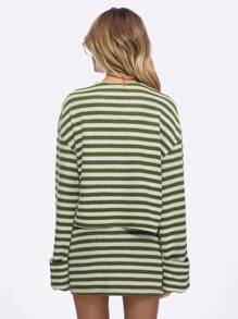 MISSGUIDED Striped Knit Two-Piece Set Button-Front Cardigan Matching Mini Skirt Fall Winter Cozy Ribbed Fashion Outfit - Army Green - View 2