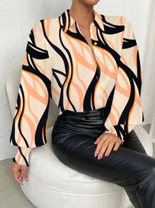 SHEIN Clasi Fashion Commute Contrasting Print Lantern Sleeve Shirt - Multicolor - View 4