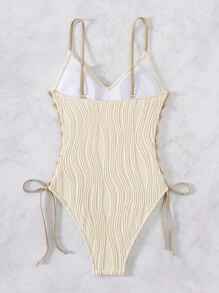 Textured Wavy Pattern Sexy Side Tie Strap One-Piece Swimsuit For Women, Beachwear Vacation Swimwear For Summer Beach Vacation - Beige - View 5