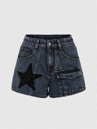 Grunge Punk Summer Outfits For Women: Black Star Applique Grey Utility Pocket Denim Shorts Punk Style