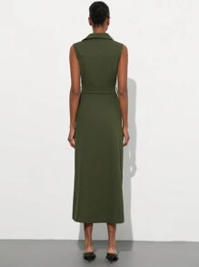 Aveloria Modichic 女式优质工作风格连衣裙，有领，双口袋，金属纽扣开合，自系腰带，无袖，超长款 - 軍綠色 - 查看 4