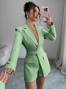 Elenzga Glamine 优雅粉色针织长袖修身连体裤女款，袖子上有钻石装饰，适合秋冬季，适合工作、日常约会和聚会 - 綠色 - 查看 3