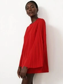 SHEIN Privé 红色情人节派对奢华圆领主教袖褶皱设计短款女士连衣裙 - 紅色 - 查看 6