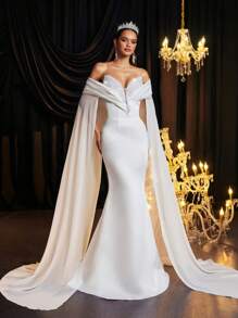 Glamrae Elegante y lujoso vestido largo de cola de pez con escote en V profundo y perlas en color blanco, vestido largo moldeador adecuado para bodas, fiestas y ocasiones formales