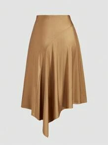 Celure Plus Size Women Solid Color Asymmetric Hem Party Brown Skirt