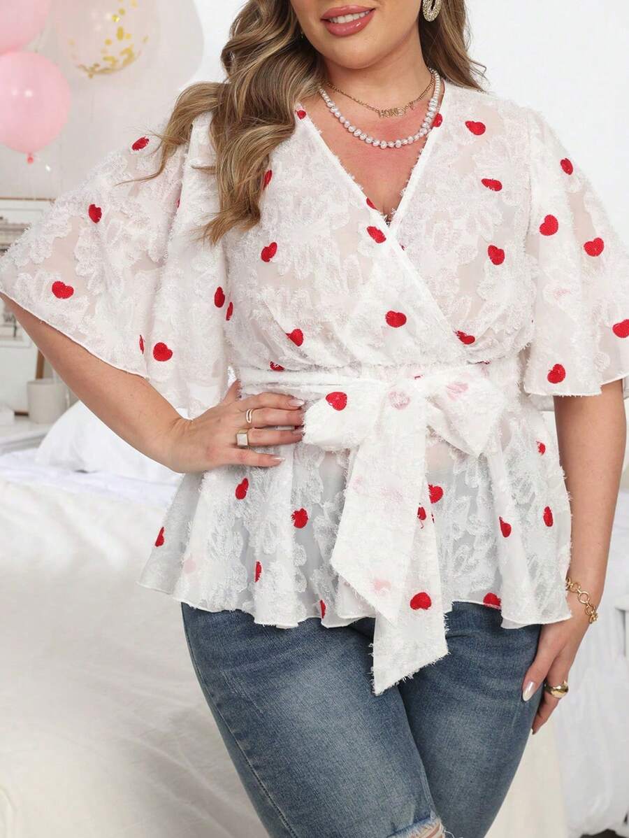 Flirla Plus Size Valentine's Day Heart Embroidery Cut-Out Blouse - White - View 1