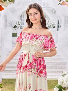 Teen Girl Floral Print Ruffle Trim Waist Cap Sleeve A-Line Dress - Multicolor - View 5