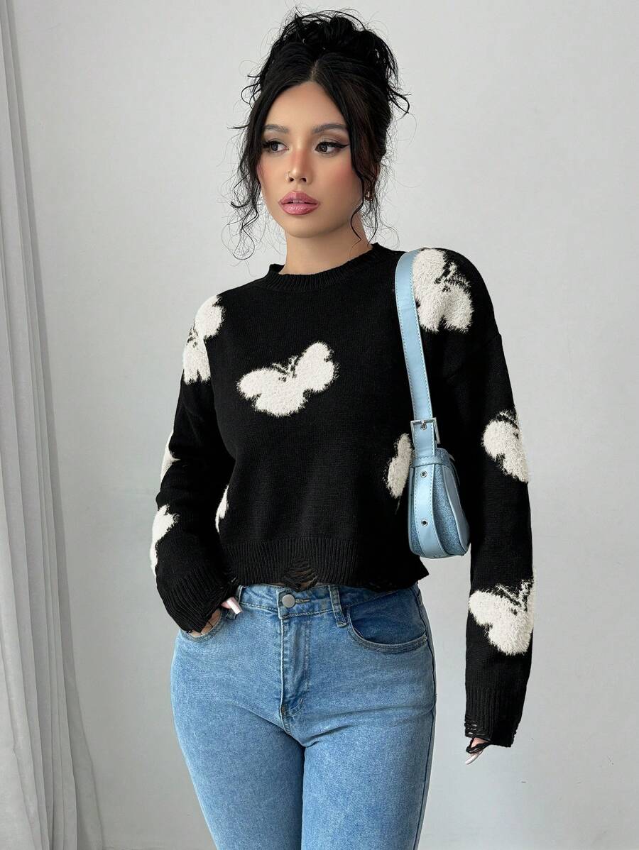 Chiquease 女士时尚圆领毛衣，下摆设计独特，时尚