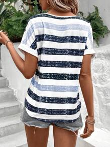EMERY ROSE 夏季拼色条纹蝙蝠袖 T 恤图案 T 恤女式上衣 - 彩色 - 查看 2
