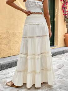 Breezaya Falda plisada con parche de encaje floral y lazo a la cintura en unicolor, estilo romántico vacacional para mujer