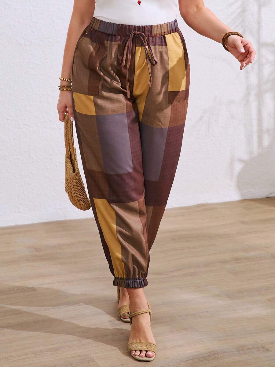 EMERY ROSE 女士休闲编织迷彩印花松紧腰口袋宽松大码夏季长裤 - 棕色 - 查看 1