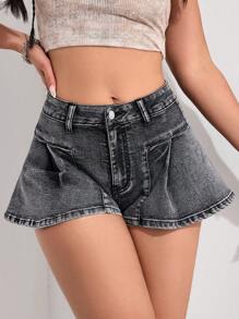 SHEIN EZwear 女士休闲洗水做旧牛仔短裤 - 灰色 - 查看 3