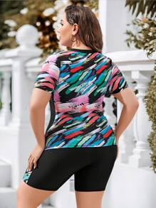 Swim Lushoire Traje De Baño Atlético Para Mujeres De Tallas Grandes Con Mangas Cortas Y Estampado De Cepillo - Multicolor - Ver 2