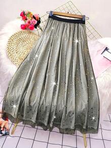 Celure Plus Size Elegant Polka Dot Mesh A-Line Skirt, Suitable For Office And Casual Dates Fall Cloth For Women