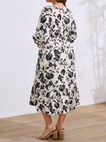 EMERY ROSE Plus Size Women's Polka Dot Ruffle Hem Lantern Sleeve Dress Maxi Women Outfit - Multicolor - View 2