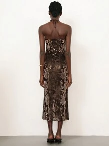 SHEIN Privé Women's Vintage Flocking Jacquard Textured Fabric Stand Collar Halter Bodycon Dress - Chocolate Brown - View 3