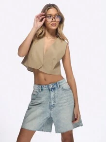 MISSGUIDED Bermudas holgadas de mezclilla con talle alto, dobladillo crudo, estilo vintage, para uso casual de verano, desgastadas, lavado claro
