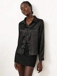 SHEIN Privé Bộ 2 áo sơ mi cổ bẻ họa tiết tối giản thanh lịch và váy satin cho nữ, trang phục công sở sang trọng - màu đen - Xem 2