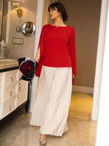 Elenzga 红色高领 3D 花卉装饰透明喇叭袖衬衫