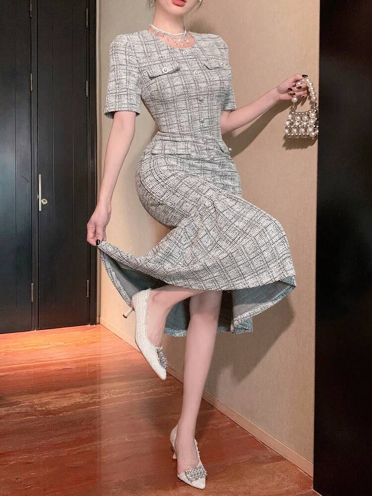 Plaid Round Neck Fishtail Midi Dress Prom Dress Elegant,Ruffle,Back To School Clothes