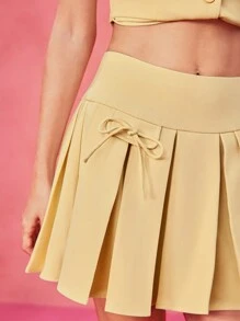 Thainara Oliveira 设计师浅黄色宽腰带蝴蝶结奶油黄色百褶迷你裙，节日 - 黃色 - 查看 7