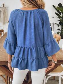 SHEIN LUNE 女士度假休闲纯色荷叶边衬衫 - 藍色 - 查看 6