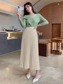 DAZY Elegant Solid Pleated Ladies' A-Line Skirt, Spring/Summer - Apricot - View 4
