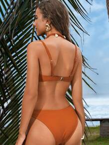 Women Solid Color Tankini Swimsuits With Halter Top, Padded Triangle Bikini With Shell Pendant Chain, Sexy Beach Holiday Pool Party Swimwear, Summer - Burnt Orange - View 4