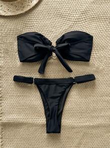 Swim Chiccia Spring Break Women's Solid Color Bandeau Metal Decor Top And Thong Bikini 2 Pieces Set For Summer Beach Vacation - Black - View 3