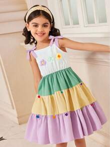 SHEIN Ramadan Girls Summer Floral Decor Top & Contrast Color Block A-Line Dress,Cute Cake Silhouette, Suitable For Outdoor Photos - Pink - View 1