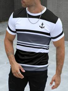 Manfinity Dauomo Men's Striped Print Round Neck Short Sleeve Casual T-Shirt - Multicolor - View 3