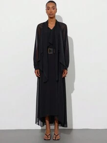 Aveloria Modichic Ladies' Spring Elegant Ruffle Collar Tie-Neck 2 In 1 Chiffon Long Sleeve Dress - Black - View 2