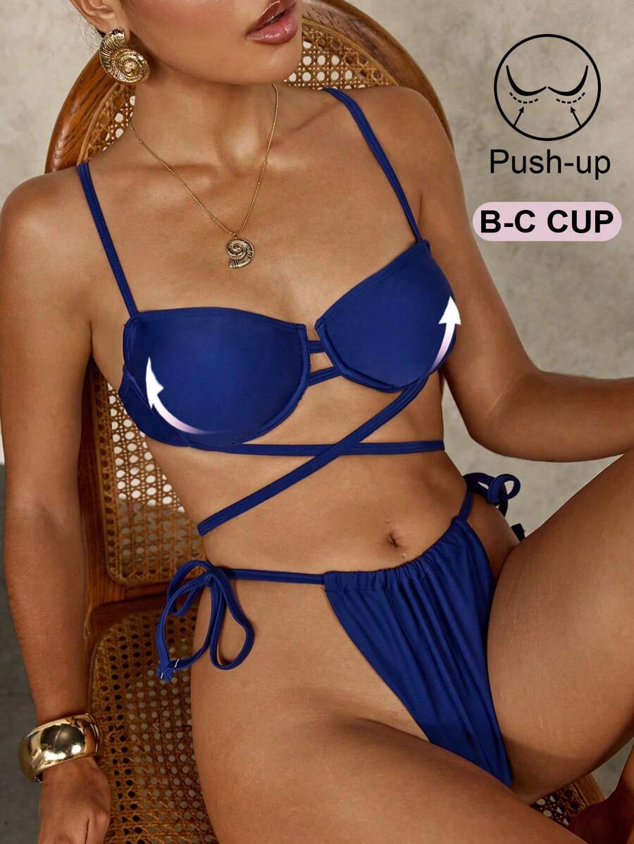 Summer Underwire Cup Removable Push Up Bra-Size Swimwear - Red - View 1