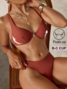 SHEIN Swim Minimalist Solid Color Gathered Bikini Set For Beach Vacation For Summer Beach Vacation - Brown - View 1