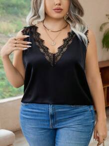 SHEIN CURVE+ 加大码编织多臂优雅休闲蕾丝花边 V 领衬衫 - 黑色 - 查看 4