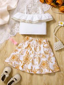 Baby Girl Clothing Golden Floral Print Camisole Shoulder Top And Skirt Elegant Summer Suit - Multicolor - View 2