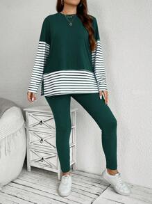EMERY ROSE Plus Size Women 2pcs Set, Striped Colorblock Crew Neck Long Sleeve Top And Solid Color Pants Women Clothing Sets Airport Women Outfits Fall Clothes Clothes Outfit Sets Travel Outfit Airport - Dark Green - View 6