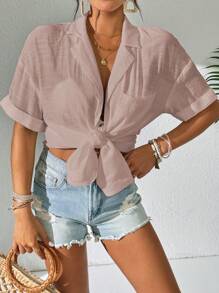 SHEIN Swim 女士简约纯色短袖和服罩衫，夏季海滩女士沙滩罩衫女士长袖衬衫沙滩衬衫 - 藕粉色 - 查看 4