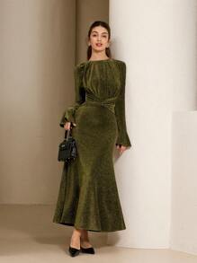 Aveloria Rosie Round Neck Pleated Design Elegant Sophisticated Alluring Satin Material Bell Sleeve Waist Cinched Long Sleeve Dress For Women, Valentines Day Spring Season