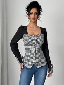Chiquease Single Breasted Square Collar Solid Color Patchwork Houndstooth Shirt - Black and White - View 3