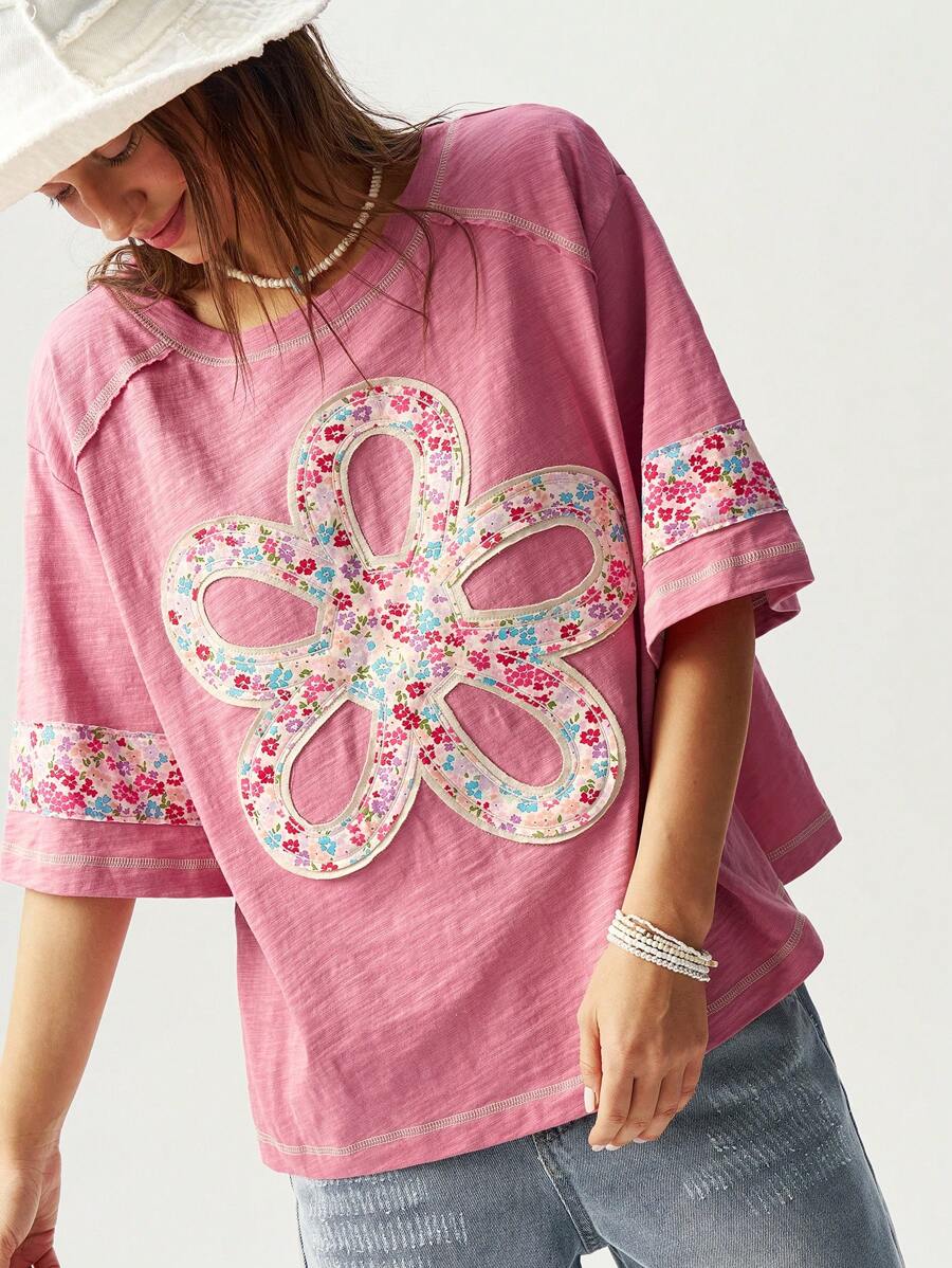Bohemela 大码夏季休闲花卉拼布短袖T恤 - 粉色 - 查看 1